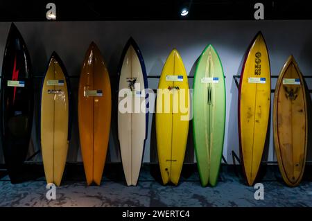 Eine Sammlung von farbenfrohen Surfbrettern an einer Wand, Teil der Ausstellung des Rico Surf Museums, die im AquaRio öffentlichen Meerwasseraquarium im Bezirk Gamboa ausgestellt ist. Stockfoto