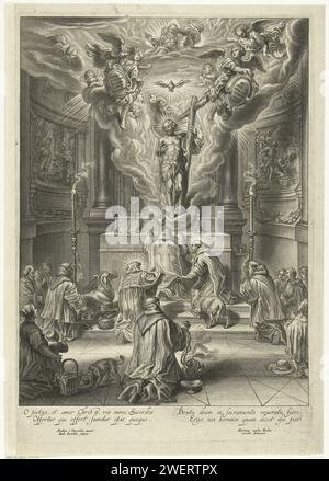 Messe des heiligen Gregorius mit Erscheinen Christi, Mattheus Borrekens, nach Abraham van Diepenbeeck, 1625–1670 drucken Eine Messe in einer der Nischen einer Kirche. Der H. Gregorius kniet für den Altar. Zwei Altarjungen halten Kerzen hinter sich. Einige Mönche sind ebenfalls anwesend. Einer von ihnen winkt mit dem Weihrauchfass. Kniend im Vordergrund und links und rechts vom Altar und einige Tiere (ein Hund, ein Schaf und ein Esel) schienen zu sein. Christus erscheint vom Himmel und fällt auf den Altar. Blut fließt aus der Wunde in seiner Brust, die den Kelch füllt. Engel und Cherubys begleiten ihn. Über Chris Stockfoto