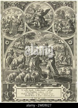 Ereignisse aus dem Leben Jakobs, Adriaen Collaert, nach Maerten de Vos, 1579 - 1583 Print Jakob Hoedt Schafe für Laban. Oben drei Medaillons mit Bildern von Ereignissen in Jakobs Life. Jakob Laban bittet die Linke nach sieben Jahren um die Hand seiner Tochter Rachel. Jakob kämpft mit einem Engel in der Mitte. Jakob begegnet rechts seinem Bruder Esau, der ihm sofort verzeiht. Der Druck ist mit einer lateinischen Beschriftung in einer Kartusche versehen. Der Druck ist Teil einer Serie mit Szenen aus dem Bibelbuch Genesis. Papierstich Jacob arbeitet sieben Jahre lang als Hirte im Austausch für Rachel. Jacob bittet um Rach Stockfoto