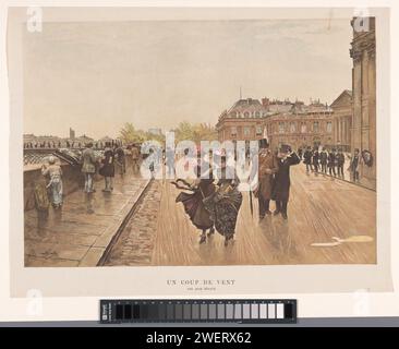 Blick auf den Quai de Conti in Paris, Anonym, nach Jean Béraud, ca. 1889 Print Blick auf den Quai de Conti mit dem rechten Platz vor der Bibliothek Mazarine und der Pont des Arts auf der linken Seite. Im Vordergrund zwei Frauen mit wehenden Röcken. Die linke Frau hat eine Rolle in ihren Händen, vielleicht ein aufgerolltes Poster. Am Kai links die Bücherstände der Buchhändler. Papierbuchstand, Kiosk. Öffentliche Bibliothek Quai de Conti. Mazarine-Bibliothek Stockfoto