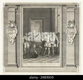 Die Witwe von Johan van Oldenbarnevelt bittet Maurits um Gnade für ihren Sohn Reinier, 1623, Bernard Picart (zugeschrieben), nach Bernard Picart, 1728–1730 Druck in einem Innenraum, Maria van Utrecht, die Witwe von Johan van Oldenbarnevelt, kniet zu den Füßen des Prinzen und Maurits fleht um Gnade für ihren Sohn Reinier van Oldenbarnevelt, eines der bewussten Menschen, März 1623. Insider mit Pilastern mit allegorianischen Medaillons. Links schneidet man die Lanze ab, rechts wird der Hirtenhund vom Wolf gefressen. Papierätzung (revolutionäre) Handlung, Verschwörung. Gnade gewähren; fre Stockfoto