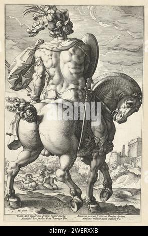 Titus Manlius, Hendrick Goltzius, 1586 drucken Sie den Helden Titus Manlius zu Pferd, auf dem Rücken zu sehen. Im Hintergrund sieht man, wie er einen Gegner zu Pferd schlägt. Zweimal zwei lateinische Strophen unter der Aufführung. Dieser Druck ist Teil einer Serie von zehn Drucken, bestehend aus einem unnummerierten Titeldruck, acht nummerierten Darstellungen von Helden und einem unnummerierten Schlussdruck. Papiergravur männlicher Personen aus der klassischen Geschichte (MANLIUS, T.) Stockfoto