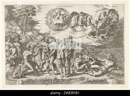 Urteil von Paris, Anonym, nach Marcantonio Raimondi, nach Rafaël, 1520 - 1562 Druckpapier mit Gravur des Gerichts von Paris (Mercury Present) Stockfoto