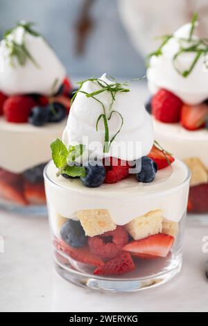 Kuchen und Beeren in einer Tasse, Dessert in einer Glasidee Stockfoto