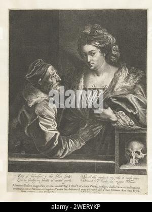 Titian und sein Maitrese, Anthony Van Dyck, nach Tizian, nach 1627 – vor 1644 drucken Kopie auf ein Selbstporträt Tizians mit einer jungen Frau. Rechts ein Schädel. Tizians Bild war verloren, wir wissen, wie es aussah, von der ETS Van Dyck. Bildunterschrift mit einer Widmung an den Händler und Kunstliebhaber Lucas van Uffel und einem italienischen Gedicht. Papierätzung / Gravur Porträt, Selbstporträt des Malers. Kurtisane, Hetaera Stockfoto