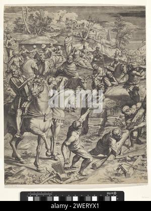 Kreuzigung Christi (linker Teil), Agostino Carracci, nach Jacopo Tintoretto, 1582 Print Cross-Killing of Christ on Golgota. Christus hängt am Kreuz, die beiden Verbrecher werden links und rechts von ihm gekreuzigt. Longinus ist dabei, seine Lanze in die Seite Christi zu legen. Eine Gruppe Männer auf Pferden und Esel beobachten. Die Maria und Johannes trauern unter dem Kreuz. Lateinischer Text in STUDMARGE. Papier mit Gravur der Kreuzigung Christi: Christi Tod am Kreuz; Golgatha (Matthäus 27:45-58; Markus 15:33-45; Lukas 23:44-52; Johannes 19:25-38) Stockfoto