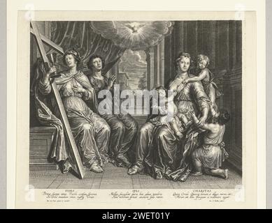 Allegorie mit drei göttlichen Tugenden Faith (Fides) und Hoop (SPES) und Love (Caritas), Pieter de Bailliu (I), nach Peter van Lint, 1623–1660 Druck Allegory mit drei weiblichen Personifizierungen der göttlichen Tugenden Faith (Fides) und Hope (spes) und Liebe (caritas). Unter der Aufführung befinden sich drei lateinische Couplets, die sich auf die Tugenden beziehen. Papierstich Faith, „Fides“, „Fede“, „Fede catholica“, „Fede christiana“, "Fede christiana catholica" (Ripa)  eine der drei theologischen Tugenden. Hope, Spes; Speranza divina e certa (Ripa)  eine der drei theologischen Tugenden. Wohltätigkeitsorganisation, „Caritas“; " Stockfoto