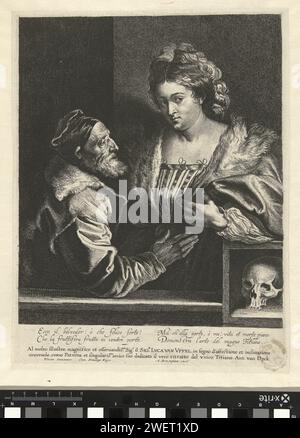 Titian und sein Maitrese, Anthony Van Dyck, nach Titian, 1627–1644 drucken Kopie zum Selbstporträt Tizians mit einer jungen Frau. Unten rechts ein Schädel. Tizians Gemälde ging verloren, wegen der ETS von Van Dyck wissen wir, wie das Porträt aussah. Unter dem Porträt befindet sich eine Widmung an den Händler und Kunstliebhaber Lucas van Uffel und ein italienisches Gedicht. Papierätzung / Gravur Porträt, Selbstporträt des Malers. Kurtisane, Hetaera Stockfoto