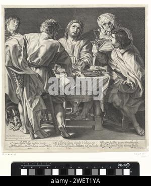 Essen in Emmaus, Willem Isaacsz. Van Swanenburg, nach Peter Paul Rubens, 1611 Druck Christus sitzt mit seinen Schülern am Tisch. Er segnet und bricht das Brot, wodurch seine Schüler ihn erkennen. Rechts gibt eine Frau ein Glas Wein und unter dem Tisch steht ein Hund. Unter der Aufführung befindet sich ein sechszeiliger lateinischer Text mit einer Beschreibung der Szene und einem Lob auf Rubens, in dem er mit Apelles verglichen wird. Das Abendmahl in Emmaus graviert: Christus wird beim Segen oder Brechen des Brotes erkannt. Gemüse (mit NAME). (Familien-)Mahlzeit (+ Portion, Bedienstete am Tisch, Mahlzeit). glas Stockfoto