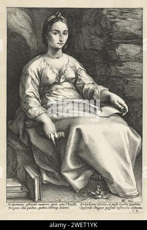 Melpomene, 1592 drucken Eine Serie von neun Musen. Vier lateinische Zeilen von Franco Estius im Rand unter Druck. Papierstich Melpomene (eines der Musen); „Melpomene“ (Ripa) Stockfoto