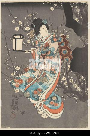 Bewundern Sie die Pflaumenblüte, Kunisada (II), Utagawa, ca. 1850 Prinz Genji und zwei Damen, nachts mit einem blühenden Pflaumenbaum. Teil eines Triptychons. Holzschnitt in Papierfarbe Stockfoto