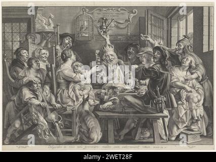 De Koning Drinks (drei Könige), Paulus Pontius, nach Jacques Jordaens, 1613 - 1657 drucken in einer Abreise feiert eine überschwängliche Gruppe von Epiphanien. Männer, Frauen und Kinder essen, trinken und singen. In der Mitte hebt der "König", ein feiner Mann mit königlicher Papierkrone auf dem Kopf, sein Glas. Eine Tafel hängt über seinem Kopf an der Wand: Nil Similius Insano Quam Ebrius (so sangen die alten Leute, der Junge quietscht). Außerdem ein Papagei in einem Vogelkäfig. Rechts wischt eine Frau einem Kind das Gesäß ab, während ein alter Mann sich die Brust schnappt. Vom Schoß seiner Mutter pinkelt ein Kind auf einen Hund am Tisch. Ein Mann muss vo Stockfoto