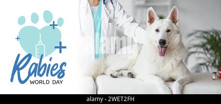 Sensibilisierungsbanner für den Welttollwuttag mit Hund und Tierarzt Stockfoto
