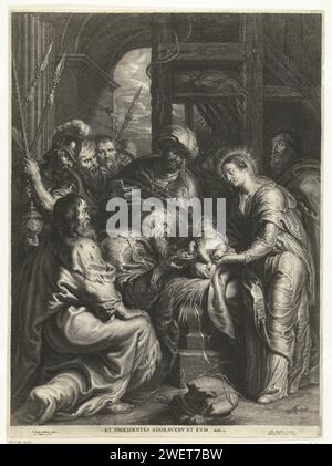 Anbetung des Christuskindes durch die drei Könige Schelte Adamsz. Bolswert, nach Peter Paul Rubens, 1596–1659 Druckschrift Anbetung des Christuskindes durch die drei Könige. Unter der Show befindet sich ein Zitat aus dem Bibeltext Matthäus 2. Papiergravur Anbetung der Könige: Die Weisen überreichen ihre Geschenke an das Christuskind (Gold, Weihrauch und Myrrhe) Stockfoto