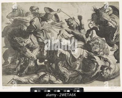 Leeuwenjacht, Willem van der Leeuw, nach Peter Paul Rubens, 1630–1718 Druckkampf zwischen Löwen und Reitern. Zwei Löwen greifen Pferde und Reiter an. Die Jäger versuchen, die Löwen mit Dolchen und stechenden Waffen zu töten. Papierätzung / Gravur Raubtiere, Raubtiere: Löwe. Jagen, jagen Stockfoto