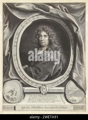 Portret van Charles Le Brun, Gerard Edelinck, nach Nicolas de Largillière, 1666–1707 Druck Porträt des französischen Hofmalers Charles le Brun (1619–1690), in ovaler Begleitung mit Text und Waffe dargestellt. Auf der Liste ein Vorhang und unter der Waffe eine Konsole mit französischem Frischfleisch, bestehend aus sechs Linien. Ein ovales Emblem auf beiden Seiten der Konsole. Papiergravur Stockfoto