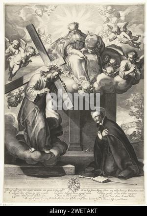 Die Vision des heiligen Ignatius van Loyola, Cornelis Bloemaert (II), nach Abraham Bloemaert, ca. 1622 - ca. 1630 Druck Ignatius von Loyola dargestellt als Mann mittleren Alters, mit der schwarzen Gewohnheit des Jesuitenordens, betend in einer Kapelle am Straßenrand. Für ihn erscheint Christus, der das Kreuz trägt. Papiergravur Visionen von St.. Ignatius von Loyola Stockfoto