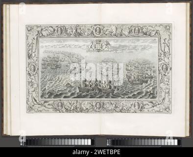 Nachbildung eines Wandteppichs über der spanischen Armada (21. Juli), 1739 Druck englische und spanische Flotte im Kanal unter der Küste von Cornwall und Devon mit an der Spitze des Wappens der englischen Königin Elisabeth I. Die Aufführung (nummeriert III) wurde in einer Ornamentik mit acht Porträts von Kommandanten der englischen Flotte gefangen. Mitten im Porträt von Charles Howard, Lord High Admiral und Oberbefehlshaber der englischen Flotte gegen die spanische Armada. Oben und unten zwischen den Porträts der Schifffahrt mit Speeren und Bannern und flankiert von Putten. Sie blasen auf ein t Stockfoto