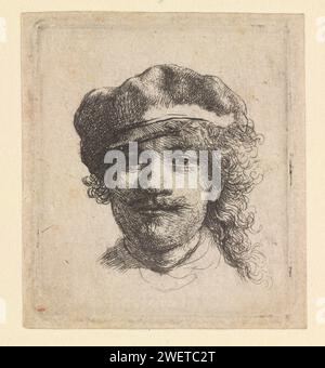 Selbstporträt mit weicher Kappe: Vollgesicht, nur Kopf, Rembrandt van Rijn, ca. 1634 Druck Selbstporträt mit Kappe: Und Gesicht, nur Kopf. Papierätzung Stockfoto