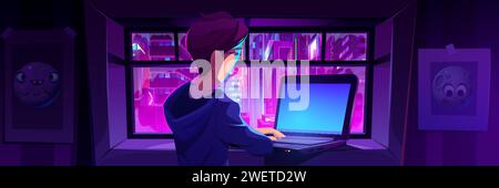 Junger Mann mit Laptop am Fenster und Blick auf die Stadt bei Nacht. Cartoonblick aus Glas auf neonviolettes und blaues Licht des futuristischen Stadtzentrums. Stock Vektor