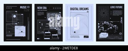 Poster- oder Cover-Design im y2k-Stil in Schwarz und Blau mit abstrakten Rasterformen und Oberflächen, Pixelbildern und Typografie. Vektorsatz Stock Vektor