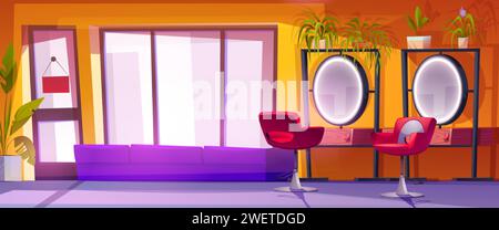 Schönheitssalon mit Sessel und Spiegel mit Tisch und Schublade, Sofa und grünen Pflanzen in Töpfen, Glastür und Fenster. Comic Vektor Illustratio Stock Vektor