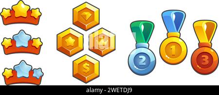 Belohnungen und Trophäen für das Design der gui mit drei Spielstufen oder Fortschritten. Zeichentrickvektor Illustration Set von 3 Sternen Bewertung, Bronze Silber und goldene med Stock Vektor