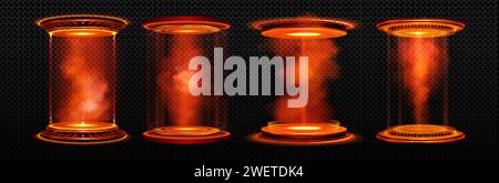 Magisches Neon-Spielportal mit roter Plattform, strahlendem Licht und Rauch. Realistische Vektor-Illustration Set des futuristischen Teleportpodiums mit Strahlen und Nebel. F Stock Vektor