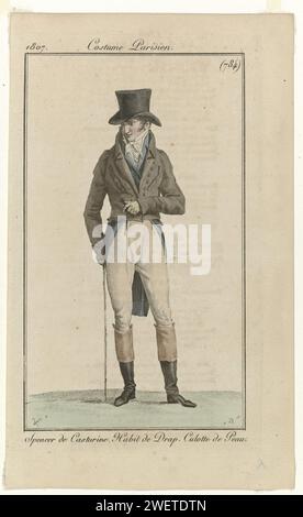 Journal of the Ladies and Moden, Pariser Kostüm, 5. Februar 1807, (784): Spencer de Castorin (...), 1807 stehender Mann gekleidet in einem Spencer de Castorine auf einer „Gewohnheit“ aus Laeken. Kniehosen aus Leder. Hemd und Krawatte. Zubehör: Hut, Handschuhe, Wanderstock, Stiefel mit kontrastierenden Überzügen. Der Druck ist Teil des Modemagazins Journal des Dames et des Modes, herausgegeben von Pierre de la Mésangère, Paris, 1797–1839. Papiergravur von Modetafeln. Mantel (+ Herrenkleidung). Hosen, Hosen usw. (REITHOSE) (+ Herrenkleidung). Kleidung für den oberen Teil des Körpers (mit NAME) (+ ME Stockfoto