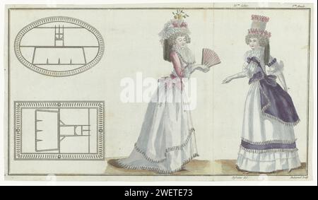 Das erste Modemagazin, 1788 von links nach rechts. Zwei Schnallen. Frau rechts in einem rosa/weißen Caraco und einem Rock mit weißem Satinzug. Fichu. Zubehör: Hut mit Band und Blumen verziert, lange Handschuhe, Faltbereich. Frau links in 'Caraco à la Cirassienne' aus Purple Satijn auf einem Rock mit doppelter Falbala. Der Druck ist Teil des 35. Cahier, 3. Année aus Magasin des Modes Nouvelles Francaises et Anglaises. Die Serie besteht aus 172 Modedrucken, die von Buisson, Paris, 20. November 1786 bis 21. Décembre 1789 veröffentlicht wurden. Papiergravur von Modetafeln. Kopfrad: Kappe (+ wom Stockfoto