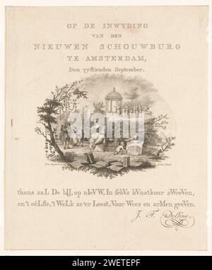 Time Stses on the Initiation of the Nieuwe Amsterdamse Schouwburg, 1774, Noah van der Meer (II), 1774–1775 Print Blatt mit ovaler allegorischer Performance und zwei-Wege-Time-Strophe zur Initiation der neuen Amsterdam Schouwburg am Leidseplein, 15. September 1774. Diese Stadsschouwburg wurde als Ersatz für das Theater an der Keizersgracht errichtet und brannte 1890 ab. In der Mitte begrüßt die Personifikation der Amsterdam Schouwburg mit einem neuen Bijenkorf einen Mann und zwei Kinder auf ihrem Schoß. Rechts von ihren beiden Putten, die ein Bild des neuen Gebäudes aufrollen. In den Vordergrundbüchern ein Stockfoto