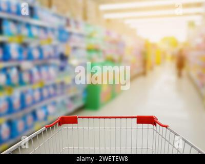 Waschmittelregale im Wäschereibereich in Supermärkten oder Lebensmittelgeschäften verschwommener Hintergrund Stockfoto