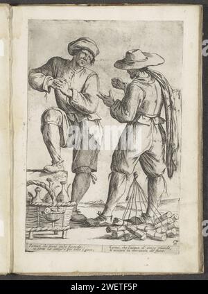 Verkäufer von Anijslikur und Verkäufer von Lucifers, 1660 Druck links ein Verkäufer von Anisette (Anijsliqueur). Sein Korb mit Flaschen liegt auf dem Boden. Rechts ein Verkäufer von Luzifern, die in Bündeln an Seilen auf dem Boden liegen. Sie spielen das Spiel Morra. Italienisch frisch am unteren Rand. Der Ausdruck ist Teil eines Albums. Straßenhändler mit Papierätzung. Einfache Handspiele. 'cris de Paris', Schreie von London usw. Stockfoto