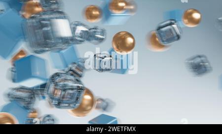 Bewegte Formen aus Glas und Gold. Dynamische Komposition. Weichzeichner. Bokeh-Effekt. Abstrakter unscharfer Hintergrund Stockfoto