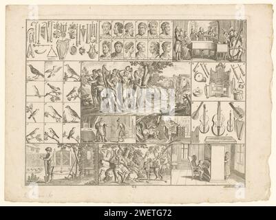 Blatt mit verschiedenen enzyklopädischen Darstellungen, Johann Rudolph Schellenberg, 1784 drucken verschiedene Aufführungen, die in Rahmen enthalten sind, mit dem Bündnis mit Jerusalem, umgeben von anderen Bildern wie Vögeln, Musikinstrumenten und Porträts klassischer Schriftsteller. Nummeriert in der Mitte: 25. Die Bundeslade wird nach Jerusalem gebracht (2. Samuel 6). Vögel. Musikinstrumente; Gruppe von Musikinstrumenten Stockfoto