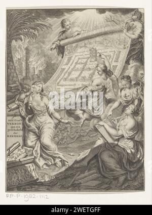 Allegorie mit Wahrheit, Geschichte und Engeln mit Bild des Tempels von Jerusalem, Francois van Bleyswijck, Afterononymus van der me, 1723 Druck Allegory mit weiblichen Personifizierungen von Wahrheit und Geschichte (Historia), die auf eine angekettete Frau, möglicherweise das Laster, sitzen. Engel tragen einen Rollendruck mit dem Bild des Tempels von Jerusalem. Ein heidnischer Tempel brennt im Hintergrund. Papiergravur / Ätzung Wahrheit; 'Viritã' (Viripa). „Geschichte“; „Geschichte“ (ripa). Engel Stockfoto