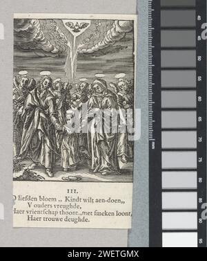 Maria mit ihren Eltern Joachim und Anna, 1629 Druck die junge Maria geht Hand in Hand zwischen ihren Eltern Joachim und Anna. Hinter ihnen Musiker Engel. Manche Engel haben Blumen in der Hand. Über ihnen der Heilige Geist (als Taube), umgeben von Cherubin. Unter dem Druck mit der Nummer III und vier Textzeilen: o Liefden Flower ... Treue Deughde. Der Ausdruck ist Teil eines Albums. Buchdruckpapier, das die fromme Maria zusammen mit ihren Eltern druckt; Engel und vielleicht Gott, der Vater, der anwesend ist. Heiliger Geist dargestellt als Taube (in Flammen) Stockfoto