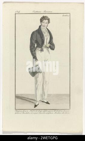 Journal of Ladies and Fashion: Herrenmode, 1824 Mann mit einem Hut aus Seide in der Hand. Er trägt eine „Angewohnheit“ von „Drap-zéphir“ mit Seidenknöpfen. Weste und lange Piqué-Hose. „Cravate Anglaise“. Weiteres Zubehör: Krawattennadel, Lorgnet mit Schnur, Handschuhe, flache Schuhe aus Wildleder. Der Druck ist Teil des Modemagazins Journal des Dames et des Modes, herausgegeben von Pierre de la Mésangère, Paris, 1797–1839. Papiergravur von Modetafeln. Mantel (+ Herrenkleidung). Kleidung für den oberen Teil des Körpers (WESTE) (+ Herrenkleidung). Nackenbekleidung  Kleidung (CRAVAT) (+ Herrenbekleidung). Hosen, Hosen usw. Stockfoto