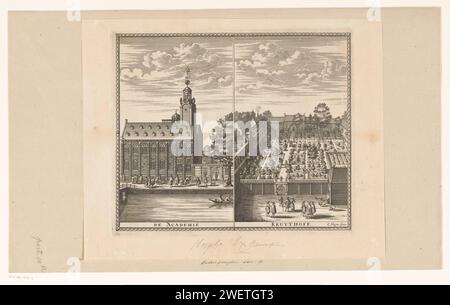 Rand des Großen Hagens (teils), Christiaan Hagen, 1675 Druck Teil (teils der Seite) des Randes der sogenannten Grote Hagen, eine Wandkarte von Leiden aus dem Jahr 1675. Die linke und rechte Seite dieses Randes bestehen aus Gesichtern an Gebäuden in Leiden. Papierätzung / Gravur Universitätsgebäude, College. botanischer Garten, „hortus botanicus“ Academy Building. Hortus Botanicus Stockfoto