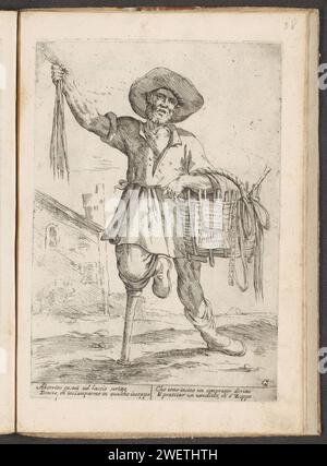 Verkäufer von Bändern, Spitze und Nadeln, 1660 Mann mit einem Holzhocker unter dem Knie und einem Korb am Arm hält einen Haufen Bänder hoch. Italienisch frisch am unteren Rand. Der Ausdruck ist Teil eines Albums. Straßenhändler mit Papierätzung. Rahmen, Band, Flecht. Nadel  Nähen. 'cris de Paris', Schreie von London usw. Stockfoto