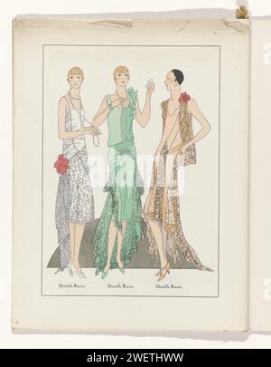 Kunst - Geschmack - Schönheit, weibliche Eleganz Blätter, Juni 1929, Nr. 106, 9. Jahr, p.25, Anonym, 1929 Magazin, drei Abendkleider mit Racine-Seite. Seite aus dem Modemagazin Art-Goût-Beauté (1920-1933). Papierteller. spitze (+ Damenkleidung). Kleid, Kleid: Abendkleid (+ Damenkleidung). Halskette (+ Damenkleidung). Corsage (+ Damenkleidung). Blumen Stockfoto