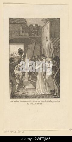 Ersetzung der Türen des Stadttors von Franeker, 1795, Reinier Vinkeles (I), 1800–1802 Druck festlicher Ersatz der Türen des Stadspoorts von Franeker, die 1788 entfernt worden waren, 5. März 1795. Papierätzung / Gravur Franeker Stockfoto