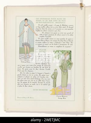 Kunst - Geschmack - Schönheit, weibliche Eleganz Blätter, Juni 1929, Nr. 106, 9. Jahr, s. 21, J. Dory, nach R. Drivon, 1929 Zeitschrift Text über Sommerkleidung. Illustrationen: Oben links: Weißes Kleid für eine junge Frau, entworfen von Fairyland. Unten rechts: Grüner Mantel aus Wolle mit Pelzkragen, van Molyneux. Seite aus dem Modemagazin Art-Goût-Beauté (1920-1933). Papierteller. Kleid, Kleid (+ Damenkleidung). Handschuhe, Fäustlinge usw. (+ Damenkleidung). Mantel (+ Damenkleidung). Nackenausrüstung: Kragen (+ Pelz für Kleidung) Stockfoto