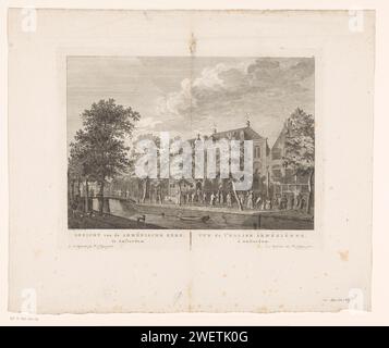 Ansicht der armenischen Kirche in Amsterdam, Hermanus Petrus Schouten (möglich), nach Hermanus Petrus Schouten, ca. 1770 - 1783 Drucken Ansicht der armenischen Kirche auf dem Krom Boomssloot in Amsterdam. Es gibt mehrere Kirchgänger auf der Straße vor dem Gebäude. Vorne links füttert ein Mann drei Hühner. Unter der Show der Titel in Niederländisch und Französisch. Oben rechts nummeriert: 83. Papierätzung / Gravurkirche (außen). Straße (+ Stadt (-Landschaft) mit Zahlen, Personal). Brücke in der Stadt über Fluss, Kanal usw. (+ Stadt (-Landschaft) mit Zahlen, Personal). Kanäle, Gewässer (in der Stadt) (+ Stadt( Stockfoto