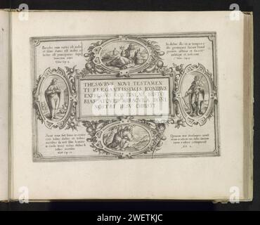 Zierkartuschen mit vier alttestamentlichen Propheten als Vorbilder Christi, 1585 drucken Einen Serientitel in lateinischer Kartusche, umgeben von vier Zierkartuschen mit Propheten aus dem Alten Testament. Links der Prophet Jesaja mit lateinischer Bezugnahme auf Isa 9. In der Mitte über dem Propheten Jeremia mit lateinischem Bezug auf Jer. 33. Mitten in dem Propheten Jonah, der von den Fischen an Land gespuckt wird, mit lateinischem Bezug auf Mat auf der linken Seite. 12. König David mit seiner Harfe und einem lateinischen Hinweis darunter. 2. Um die Kartuschen Vruchtenguirlands herum. Titel p Stockfoto