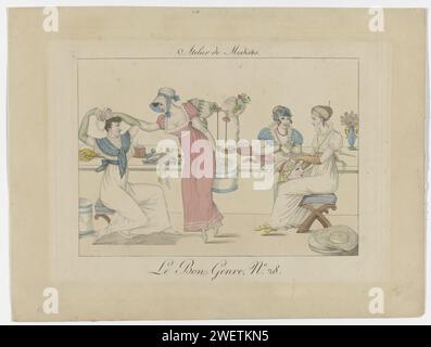 Le Bon Genre, 1817, Nr. 28: Atelier of Dressmakers, 1817 Atelier van Dressers. Papiergravur von Modetafeln. Kleid, Kleid (+ Damenkleidung). Kopfbedeckung: Hut (+ Damenbekleidung). Borte, Band, Flecht (+ Damenkleidung). Kopfbedeckung: Turban (+ Damenkleidung). Arbeiter, Arbeiter - AA - Frauen. Werkstatt, Atelier des Künstlers (allgemein) (+ Variante). Container. Blumen. Kunsthandwerk, Handwerker bei der Arbeit (+ Frauen (Arbeiter)) Stockfoto