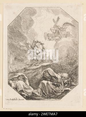 Christus im Hof van Getsemane, Samuel Bottschild, 1693 Druck Christus betet am Hof von Getsemane. Ein Engel erscheint ihm und zeigt ihm einen Kelch und ein Kreuz. Im Vordergrund drei schlafende Schüler. Die Gruppe der Soldaten kommt links im Hintergrund an. Papierkatze Qual Christi; drei (oder elf) Apostel schlafen Stockfoto