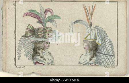 Laden neuer französischer und englischer Modi, 20. Dezember 1786, 2. Jahr, 4. Notizbuch, pl. 3, 1786 zwei Frauenbüsten. Links: gestreifter Hut in Pink und Blau. Rechts: „Motorhaube à la Bayard“ mit einem Schleier „Crêpe de Gaze“. Der Druck ist Teil des 4. Cahier aus dem Magasin des Modes Nouvelles Francaises et Anglaises. Die Serie besteht aus 172 Modedrucken, die von Buisson, Paris, 20. November 1786 bis 21. Décembre 1789 veröffentlicht wurden. Papiergravur von Modetafeln. Kopfbedeckung: Hut (+ Damenbekleidung). Kopfbedeckung: Kappe (+ Damenbekleidung). Veil (+ Damenkleidung) Stockfoto