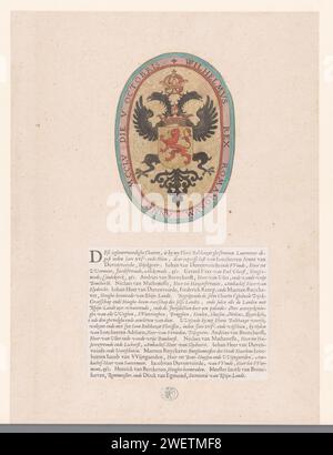 Wappen von Graf Willem II. Von Holland und Textblatt Floris Balthasarsz. Van Berckenrode, Druck 1615. Textblatt Wappen von Graf Willem II. Von Holland und Text, in dem die Klienten von Floris Balthasar van Berckenrodes Karte des Rijnland Water Board erwähnt werden. Papierätzung / Gravur / Buchdruck Wappenlager, Heraldik Stockfoto