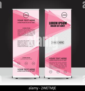 Rosafarbene, feminine Motiv Roll Up Banner Vorlage, Standbanner Design, Werbung, Flyer und Display. Vektorkonstruktion. Stock Vektor